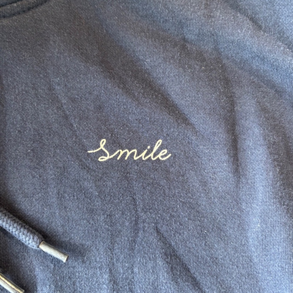 HM Divided Navy Blue Smile Embroidered Hoodie Sweatshirt Womens Medium - Picture 4 of 10